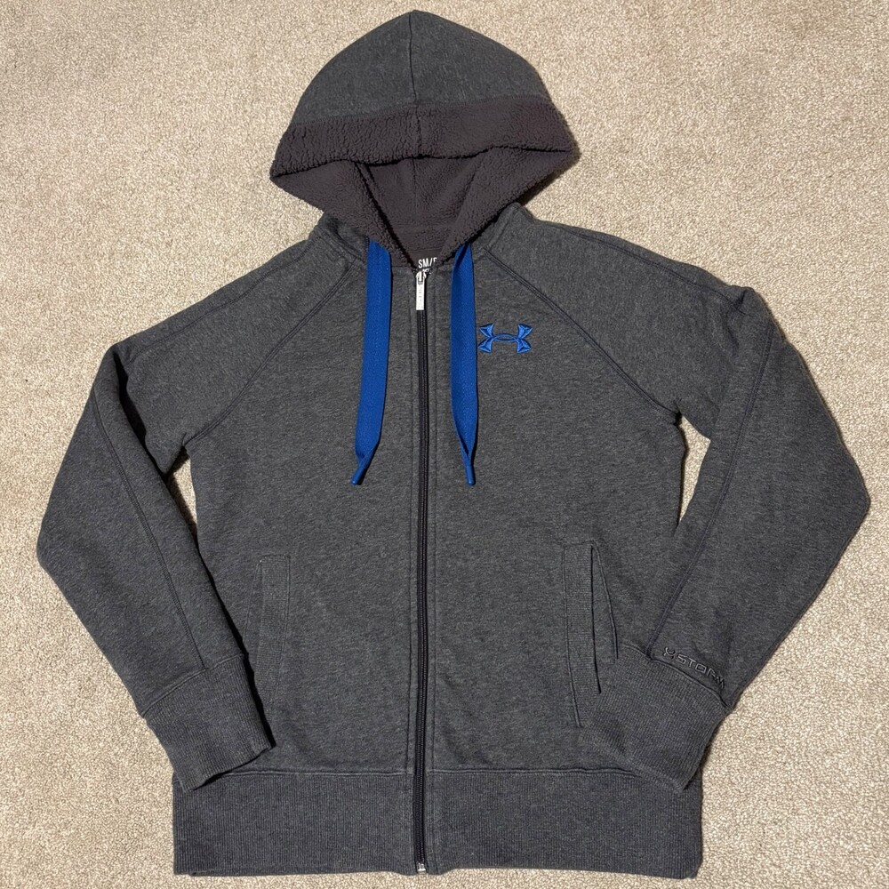 Under Armour Storm Womens Full Zip Hoodie Jacket Gray Blue Sherpa Lined, Sz S